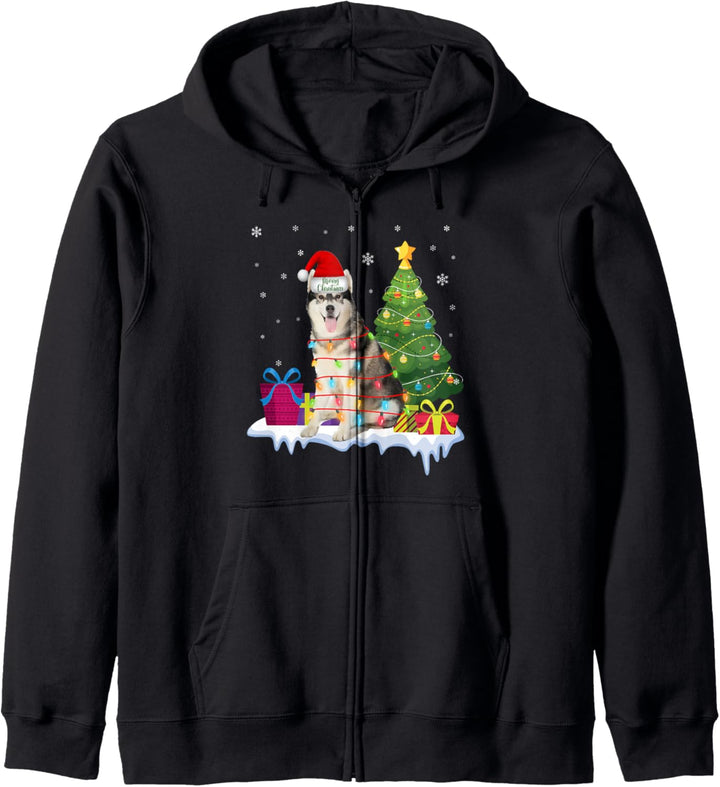 Sibirischer Husky Hund Weihnachten Weihnachten Lichter Baum Schnee lustig Kapuzenjacke