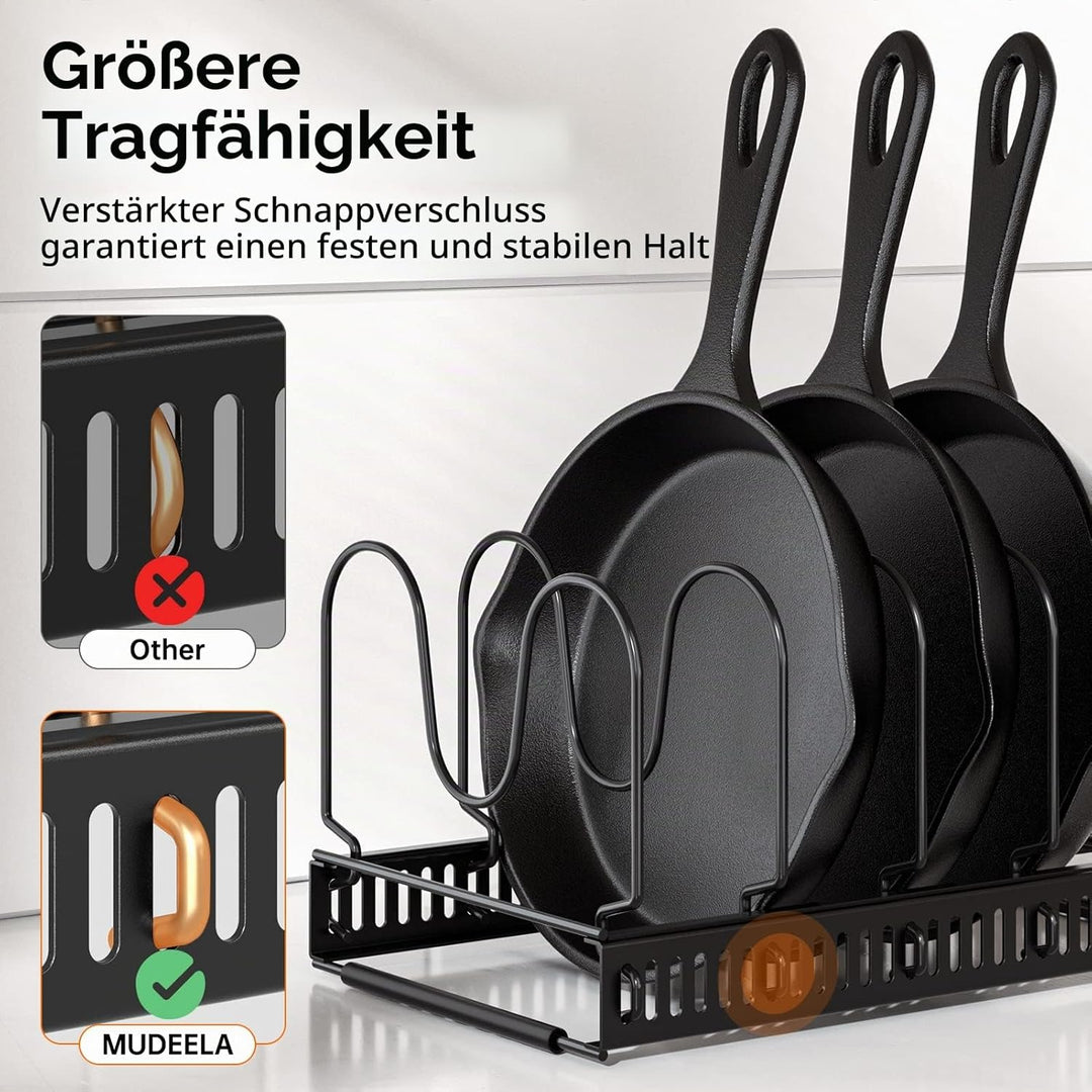 MUDEELA Töpfe und Pfannen Organizer, Erweiterbarer Küchenschrank Organizer mit 10 Verstellbaren Fäch