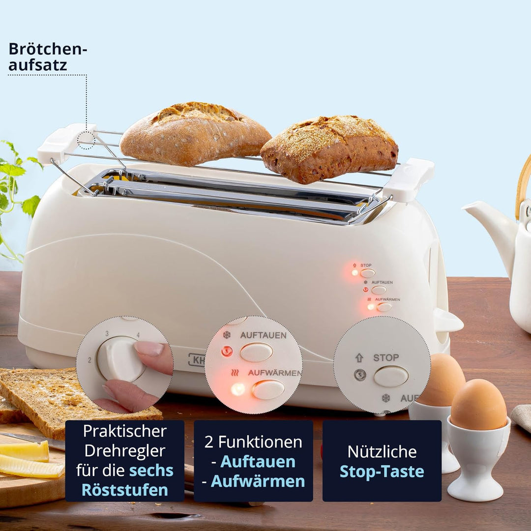 KHG Frühstücksset Weiss| Toaster 4 Scheiben Langschlitztoaster mit Brötchenaufsatz, 6 Bräunungsstufe