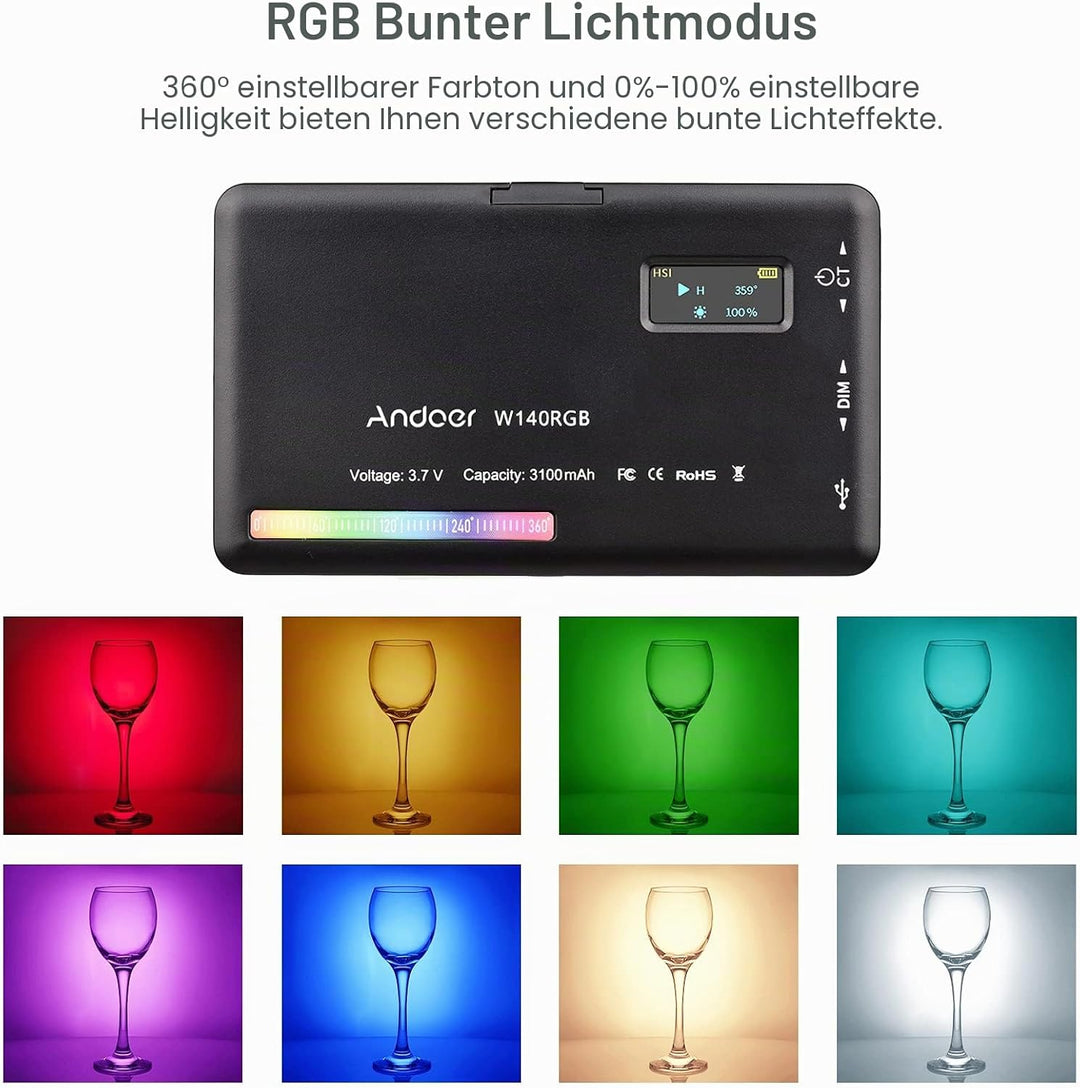 Video Licht RGB, Andoer LED Videoleuchte mit 3100 mAh Akku,Mini Kamera Licht,Dimmbare 2500K-9000K,Wi