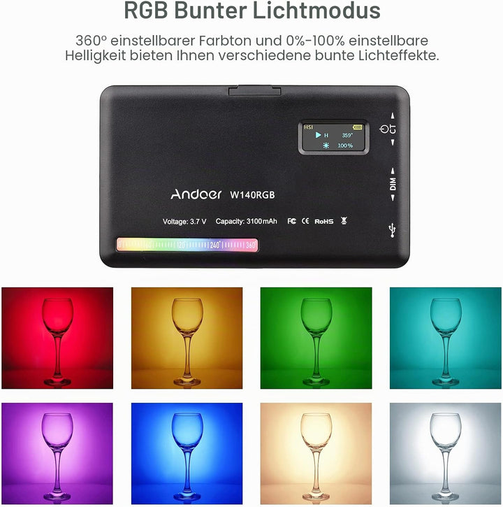 Video Licht RGB, Andoer LED Videoleuchte mit 3100 mAh Akku,Mini Kamera Licht,Dimmbare 2500K-9000K,Wi