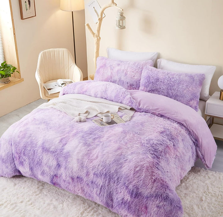 Freyamy Plüsch Bettwäsche 155x220cm Violett Langhaar Flauschig Warm Winterbettwäsche Flanell Samt Bi