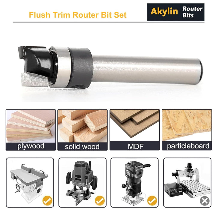 4 Stück Bündigfräser 6 mm Schaft, Kopierfräser für Oberfräse, Bündigfräser mit anlaufring oben Set H