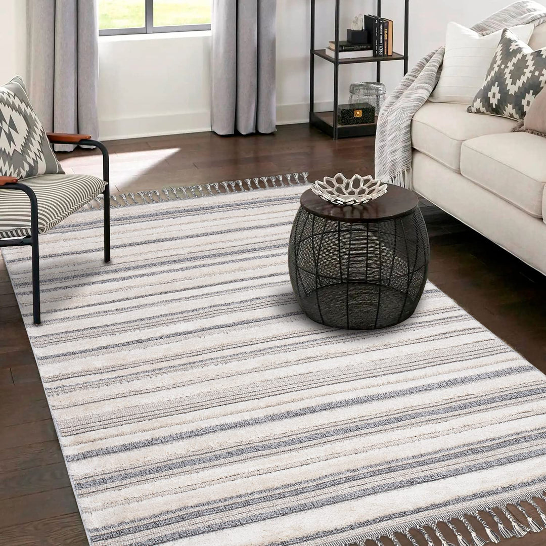 payé Teppich Wohnzimmer - Meliert - 160x230cm - Creme Grau Blau - Hochtief Effekt - Fransen Deko Boh