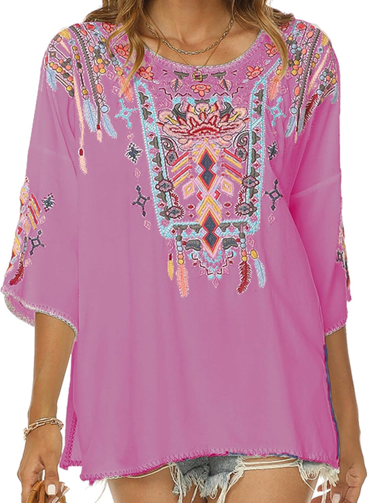 Vakakado Boho Stickerei Bluse Hippie Kleidung Damen 70er 80er Jahre Bekleidung Bohemian Folklore Bes