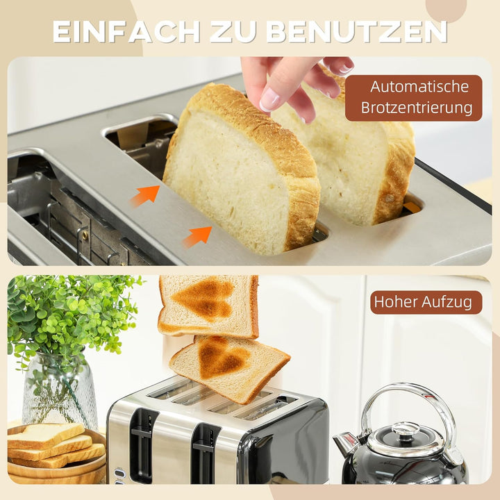 HOMCOM Wasserkocher Toaster Set Edelstahl 2200 W 1,7L Wasserkocher, 4 Scheiben Toaster, 7 Bräunungss