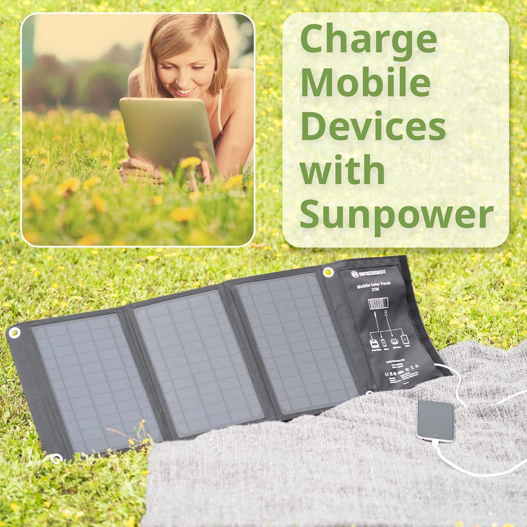 Bresser Solar Ladegerät 21W mit USB-A- und DC-Anschluss inkl. Adaptern, Solar-Panel als Ladegerät fü