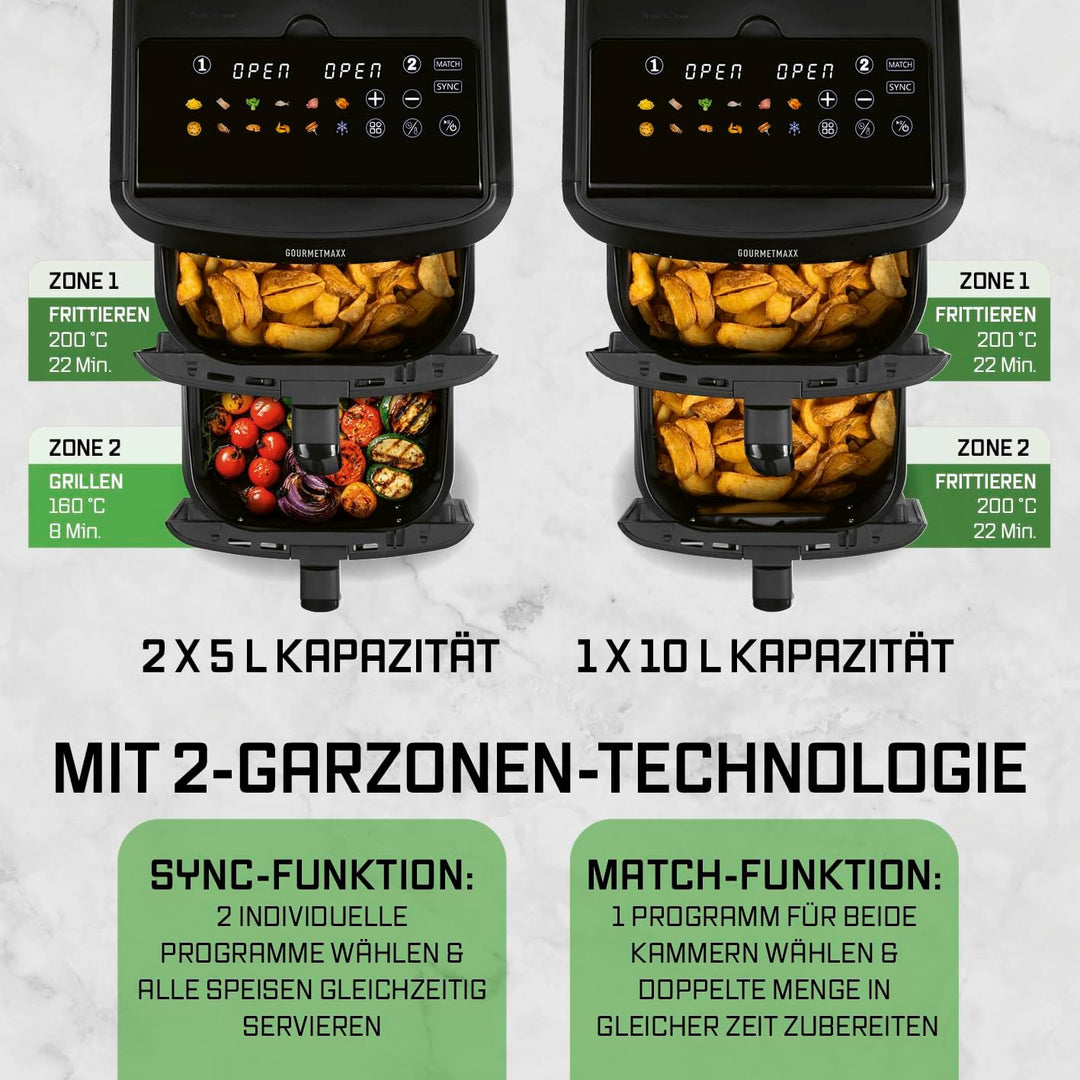 GOURMETmaxx FryUp XL vertikale Doppelkammer Heissluftfritteuse mit Sichtfenster - 12 L | Airfryer mi