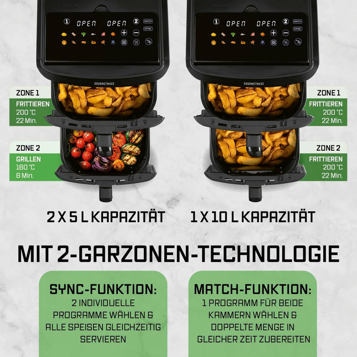 GOURMETmaxx FryUp XL vertikale Doppelkammer Heissluftfritteuse mit Sichtfenster - 12 L | Airfryer mi