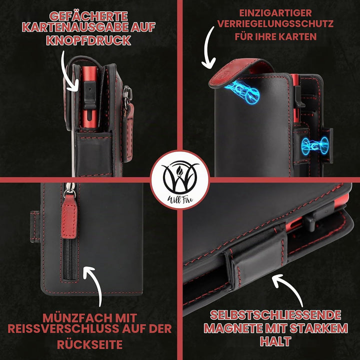 WillFire® MagFlap | Geldbörse Herren | Extra Schlüsselanhänger | Leder Kartenetui für 10-12 Karten |