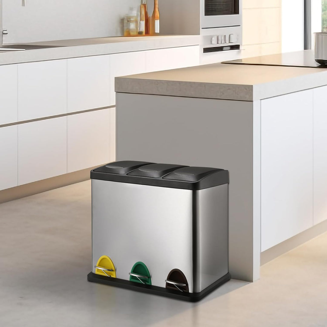 LIFERUN Mülleimer 3 Fächer, 3x 8L Mülltrennsystem, 24 Liter Abfalleimer Küche, Kleiner Treteimer aus