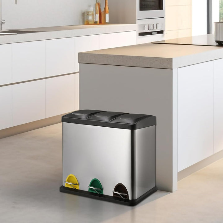 LIFERUN Mülleimer 3 Fächer, 3x 8L Mülltrennsystem, 24 Liter Abfalleimer Küche, Kleiner Treteimer aus