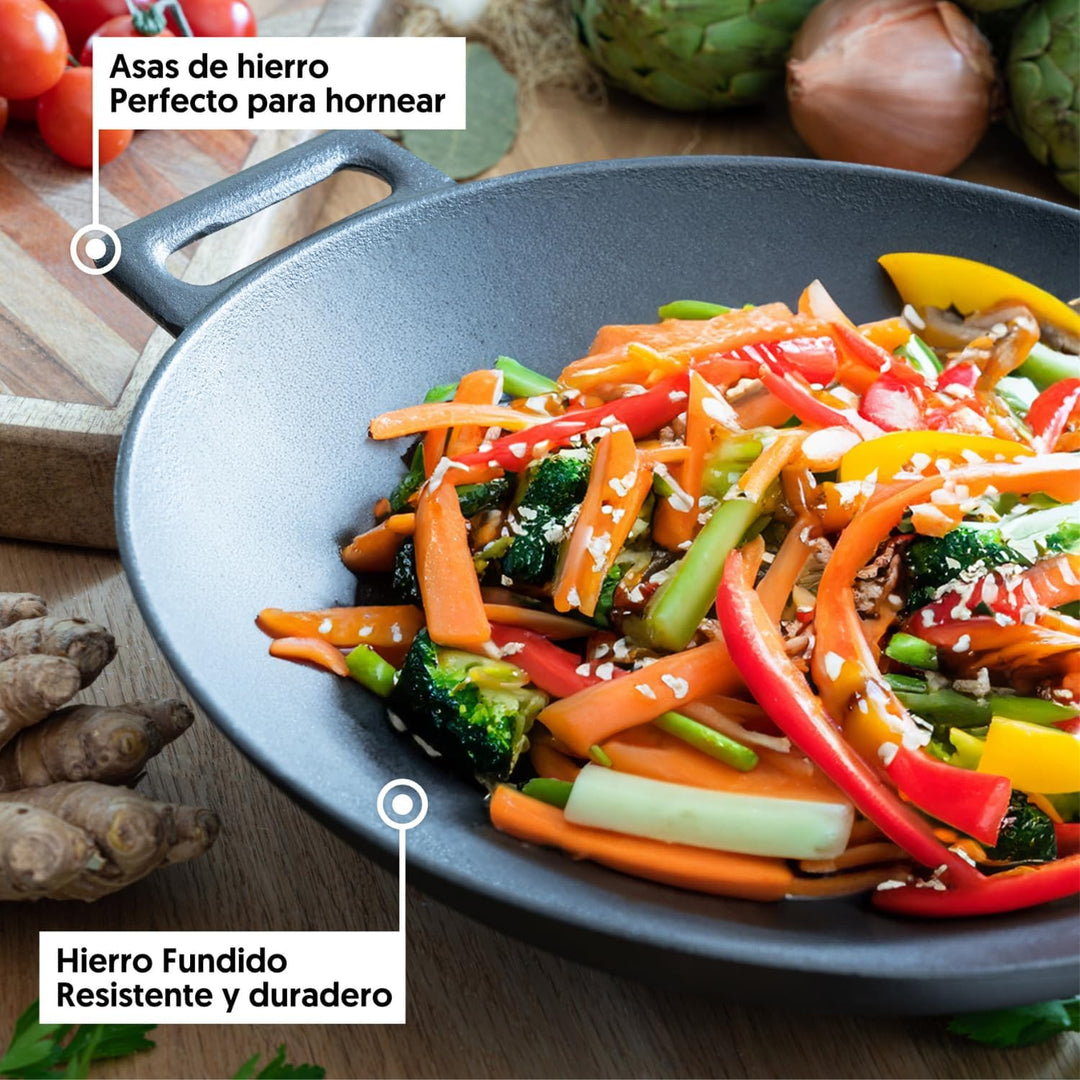 Wok aus Gusseisen, 31 x 8,5 cm, geeignet für Induktion, Glaskeramik, Gas und Grill, gleichmässiges G