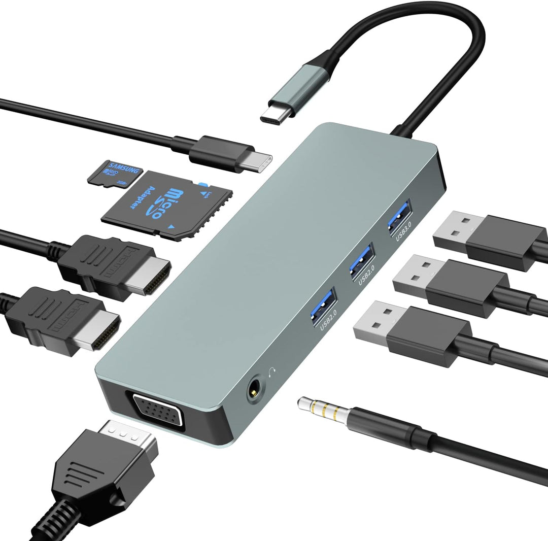 10 IN 1 USB-C Docking Station,USB Typ C to 4K 30Hz HDMI 1080P VGA, 100W PD, USB 2.0+USB3.0, SD/TF-Le