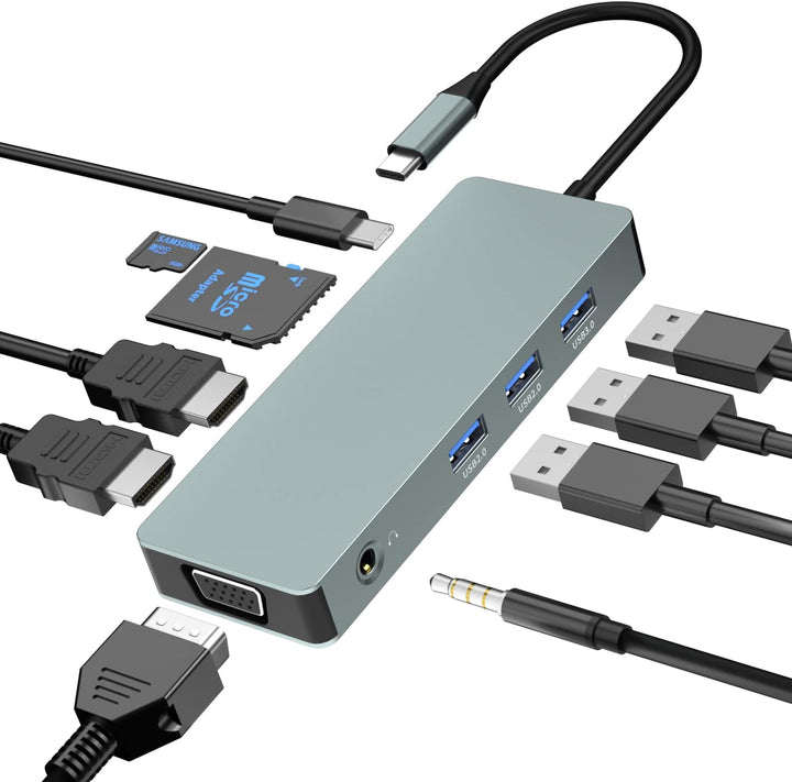 10 IN 1 USB-C Docking Station,USB Typ C to 4K 30Hz HDMI 1080P VGA, 100W PD, USB 2.0+USB3.0, SD/TF-Le