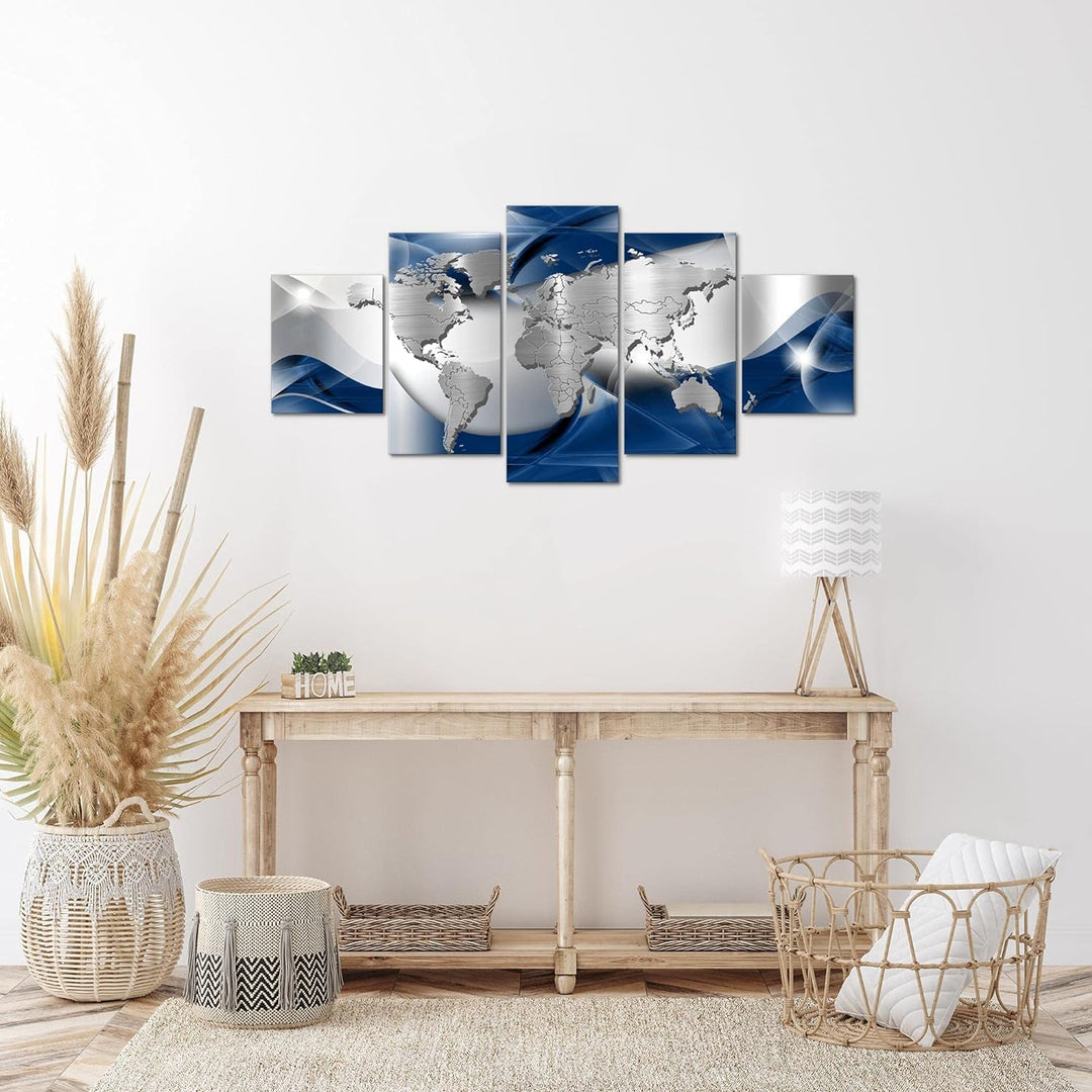 Runa Art Wandbilder Weltkarte 5 Teilig Bild auf Vlies Leinwand Deko Büro Wohnzimmer Abstrakt Silber