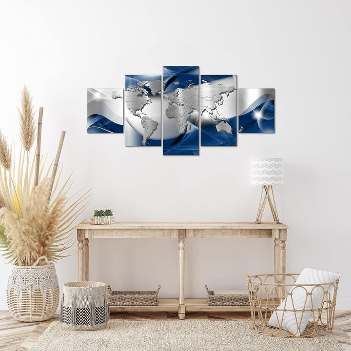 Runa Art Wandbilder Weltkarte 5 Teilig Bild auf Vlies Leinwand Deko Büro Wohnzimmer Abstrakt Silber