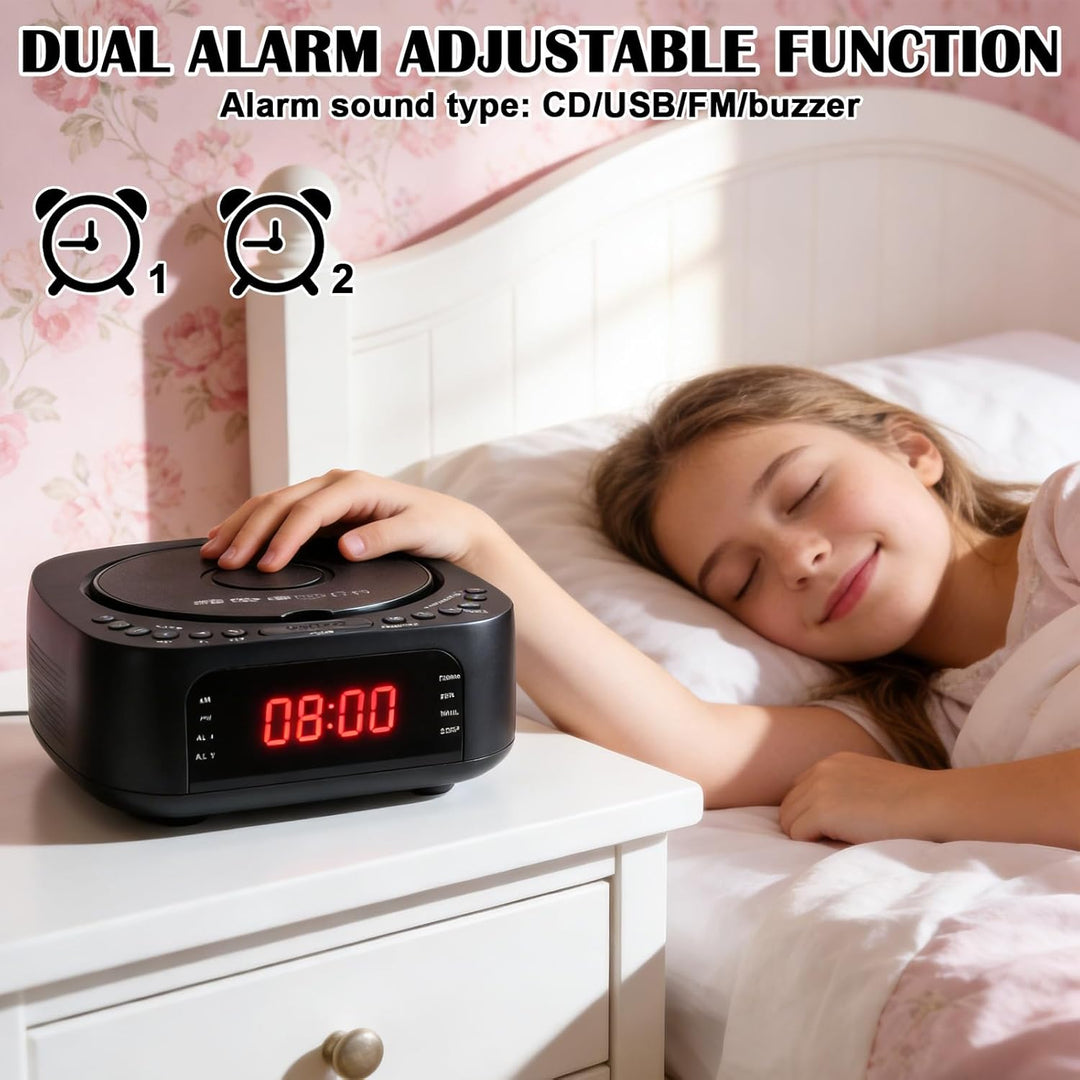 CD Player Tragbar mit Bluetooth, FM Radio, MP3 CD-Player mit Dual Stereo Lautsprecher, Wecker, Sleep