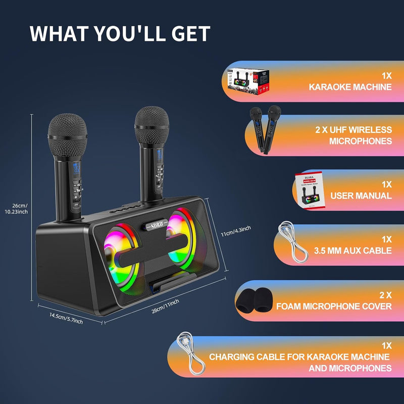Karaoke Machine for Adults and Kids with 2 UHF Wireless Microphones, Portable Bluetooth Singing Spea
