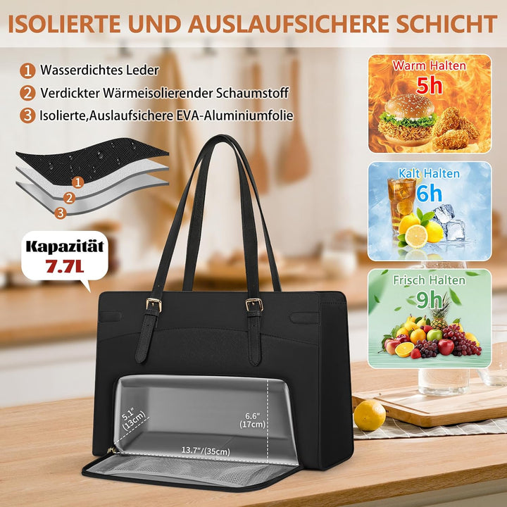 RAINSMORE Arbeitstasche Damen mit Isolierted Kühlfach Shopper Damen Schwarz, Schwarz