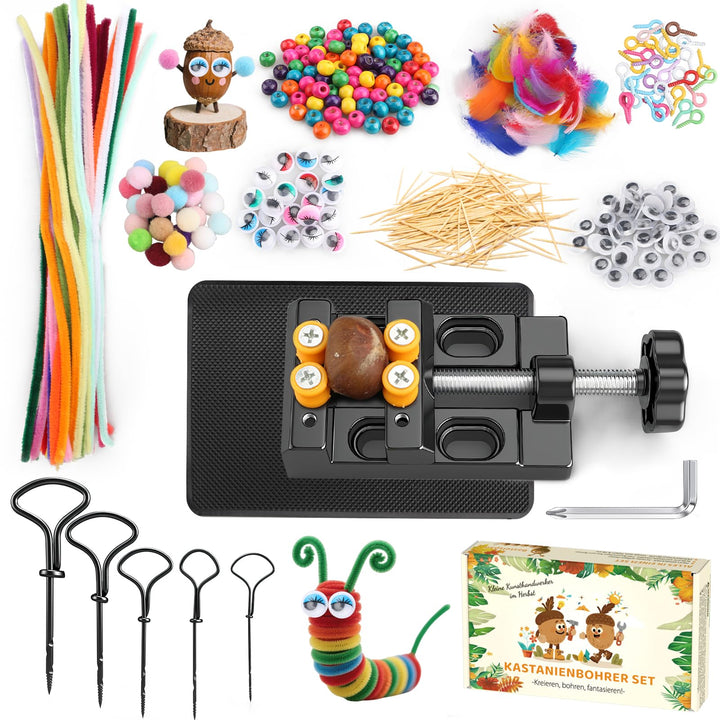 InemzTal Kastanienbohrer Kinder Set mit Kastanienhalter und DIY Bastel Zubehör,Kastanienset zum Bast