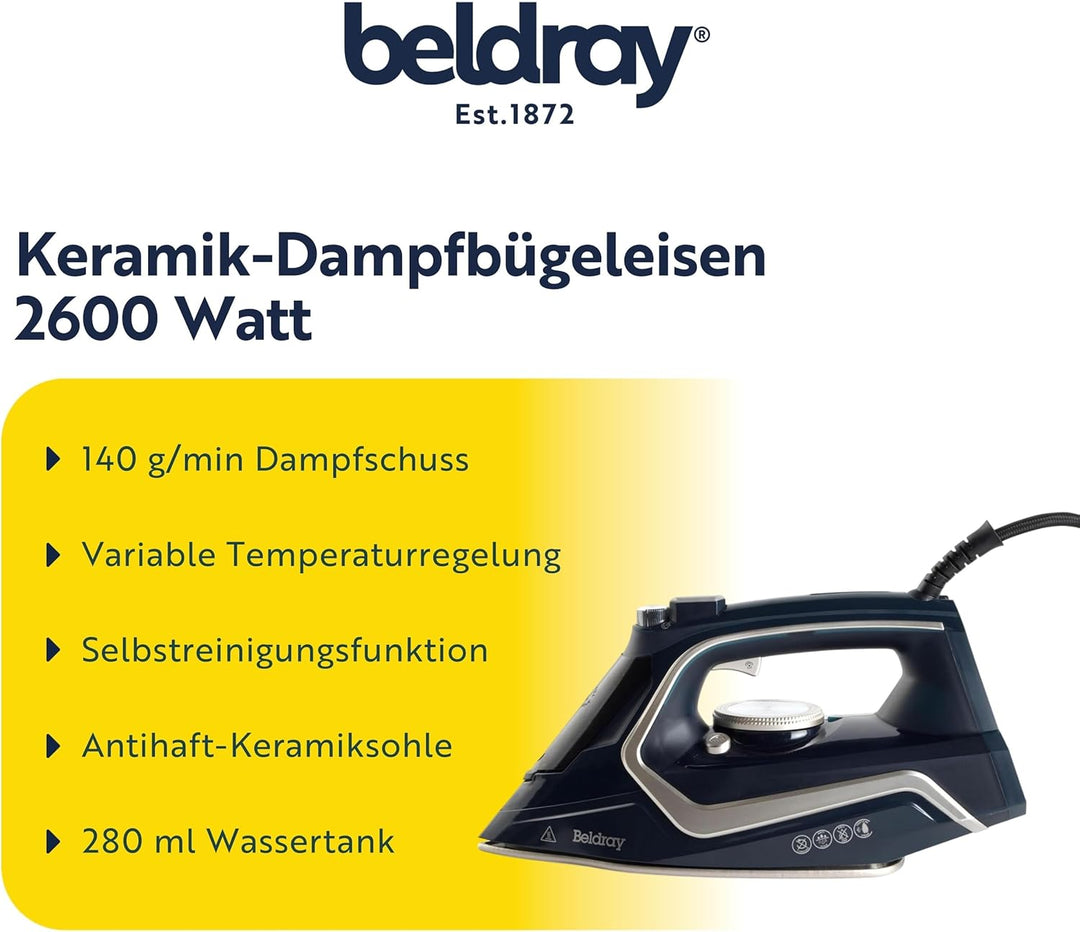 Beldray 2600-Watt-Bügeleisen – Antihaftbeschichtete Keramiksohle, variable Temperatur- und Dampfrege