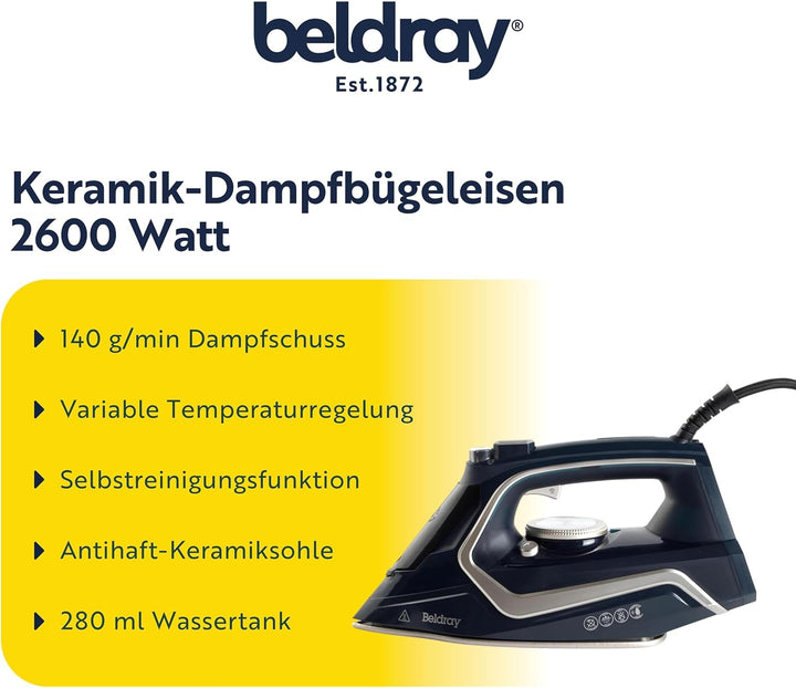 Beldray 2600-Watt-Bügeleisen – Antihaftbeschichtete Keramiksohle, variable Temperatur- und Dampfrege