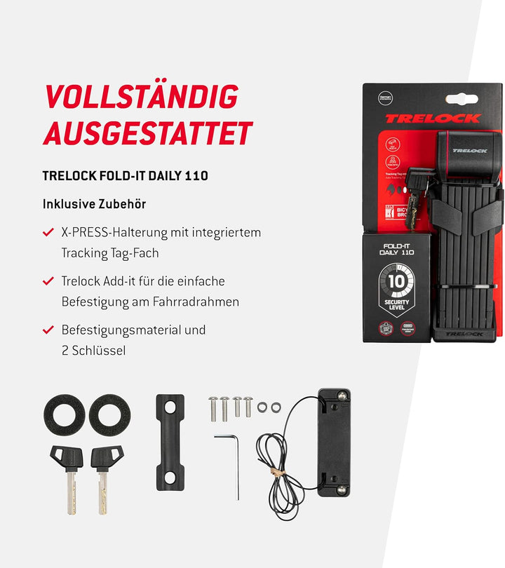 TRELOCK Fold-it Daily – Faltschloss 110 cm – inkl. X-Press-Halterung mit Tracking Tag Fach – Fahrrad