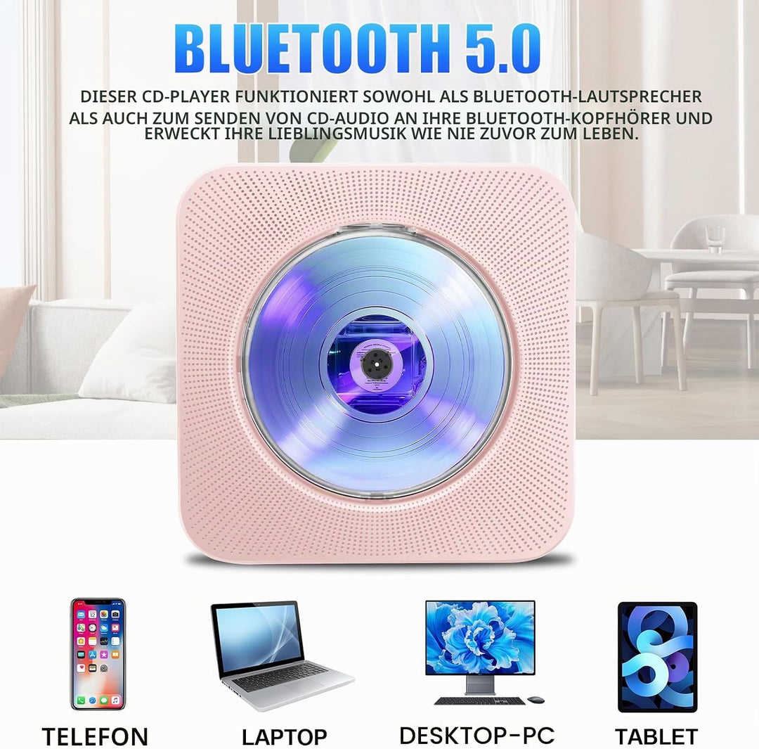 Tragbarer CD-Player für Zuhause, HoneTeek persönlicher CD-Player mit Bluetooth, Lautsprecher, Musik-