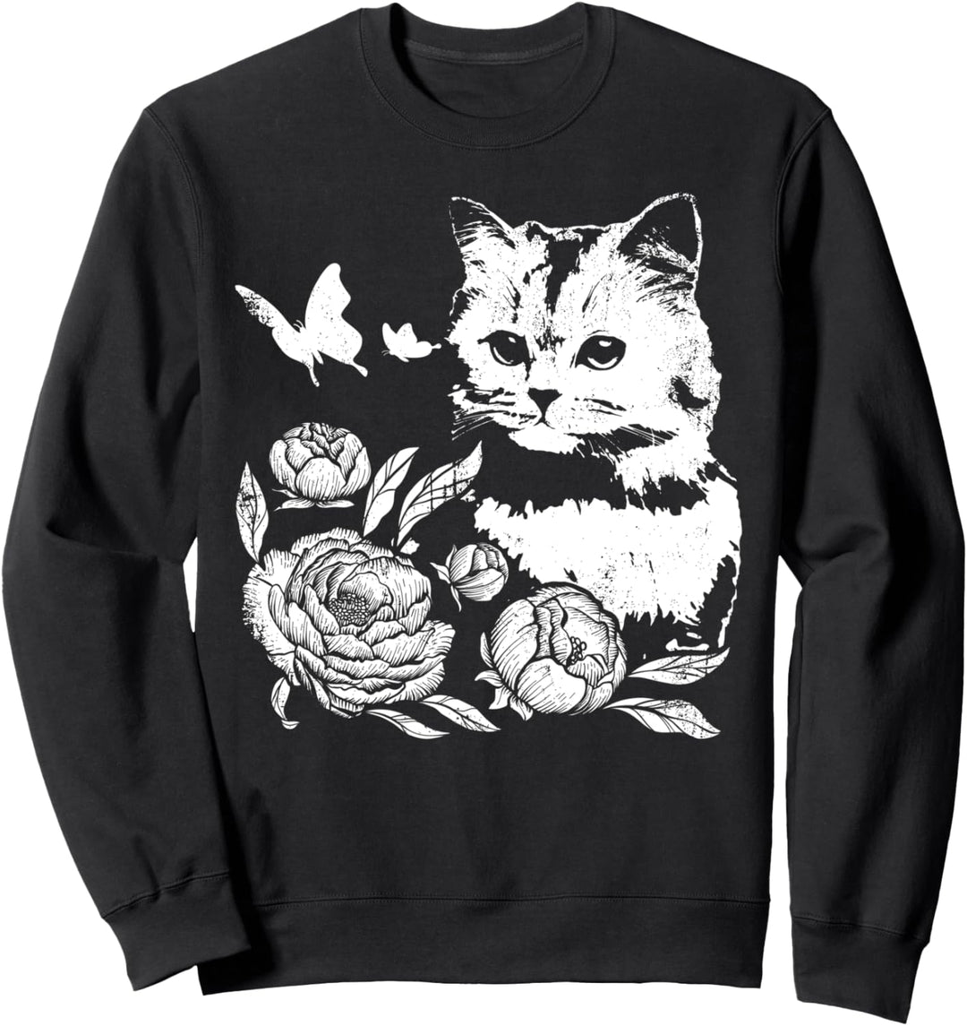 Katze mit Rosen und Schmetterlingen, blumig Sweatshirt
