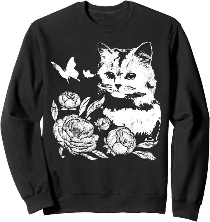 Katze mit Rosen und Schmetterlingen, blumig Sweatshirt