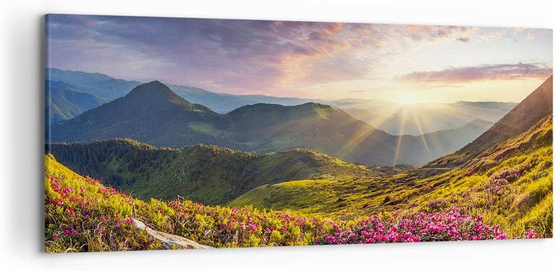 Wandbilder Dekoration Wohnzimmer Gebirge Wiese Landschaft Wald Panorama Bilder auf Leinwand 120x50cm