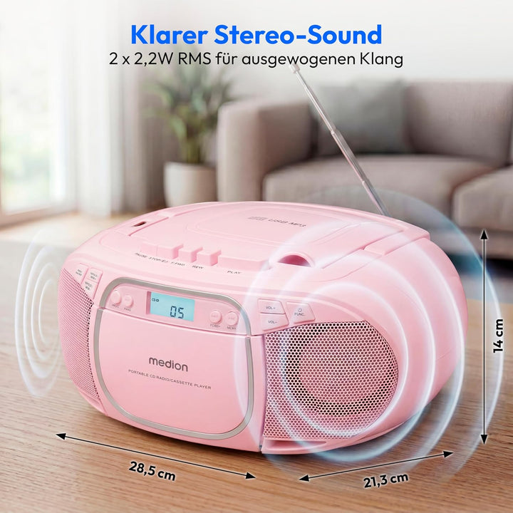 MEDION E66476 Stereo Sound System (Boombox, CD-Player, MP3, Kassette, tragbarer Kassettenspieler für