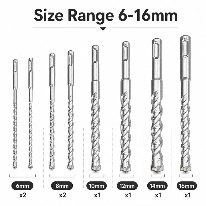 STARVAST SDS Plus Bohrer Set für Beton [8tlg - Ø6-16 & 210mm lang] 4 Schneiden - Langlebige Betonboh