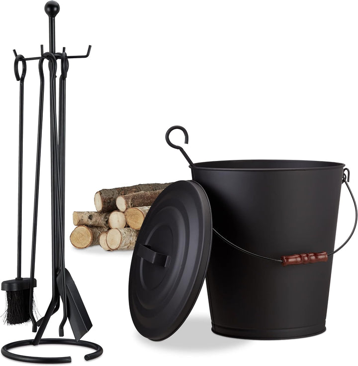 Relaxdays 6 TLG Kamin-Set, Ascheeimer mit Deckel, Kaminbesteck 5-teilig, mit Schaufel, Besen, Schürh