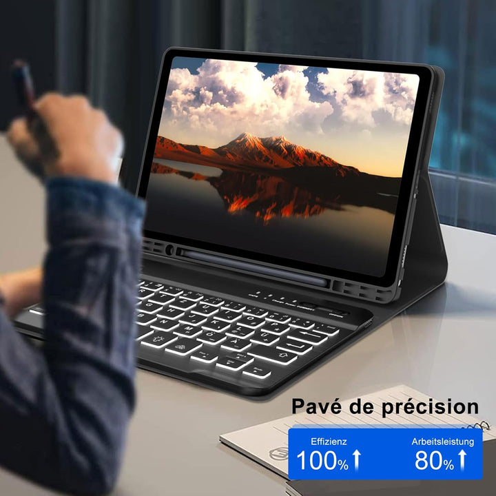 Hülle mit Tastatur für Samsung Galaxy Tab A9 8.7'' 2023, 7 Farben Beleuchtung, QWERTZ Deutsches, Mag