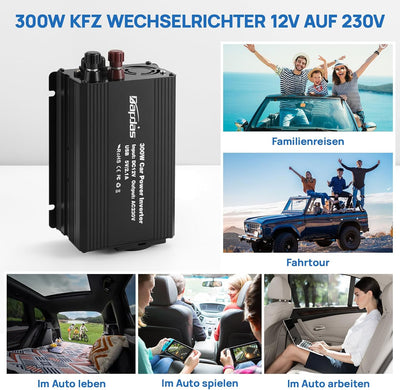 Bapdas 300W Wechselrichter DC 12 V auf AC 230 V Spannungswandler，USB-Anschlüssen (2,4A) für Auto, Wo