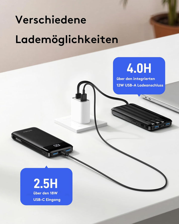 Orfeika 10000mAh Power Bank, 22,5W Powerbank Schnellladung mit 4 Integrierte Kabel,Tragbares Ladeger