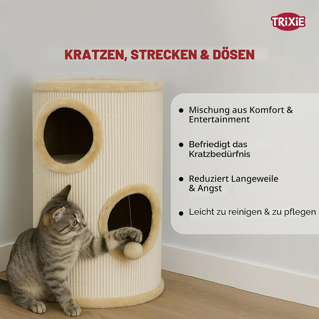TRIXIE Kratztonne für Katzen Samuel 70 cm in natur/beige – dreistöckige Katzentonne mit gepolsterter