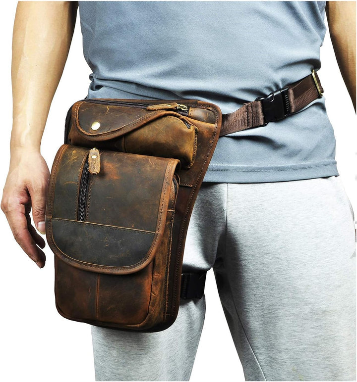 Le'aokuu Herren Echtes Leder Tasche Beinbeutel Beintasche Aussenbeintasche Drop Leg Thigh Bag Lassig