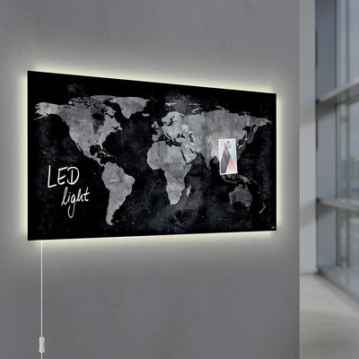 SIGEL GL409 Premium Glas-Magnettafel 91 x 46 cm mit LED-Beleuchtung, Design World-Map, hochglänzend,