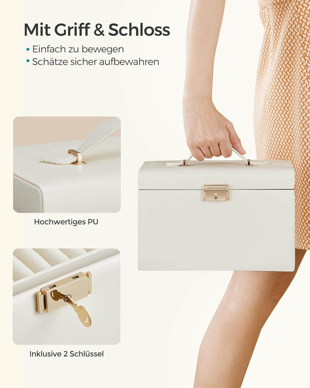 SONGMICS Schmuckkästchen 3 Ebenen, Schmuckkasten 2 Schubladen, tragbare Mini-Box für Reisen, mit Gri
