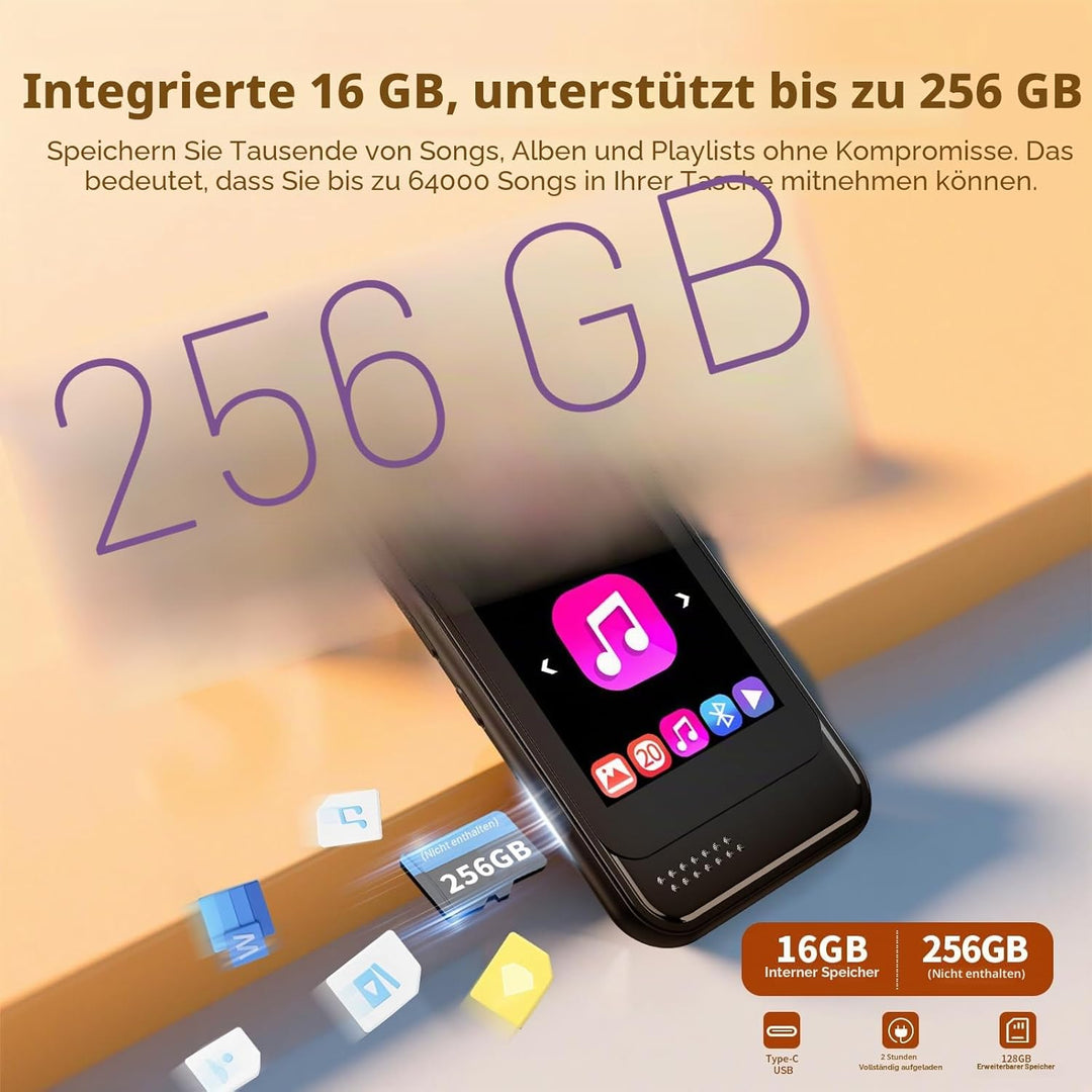 MP3-Player mit Bluetooth, tragbarer Musik-Player mit FM-Radio, Diktiergerät, Micro-SD-Slot, Lautspre