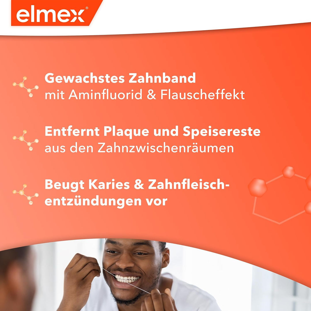 elmex Zahnseide 50 m – gewachstes Zahnband für eine gründliche Zahnreinigung – Faden mit Flauscheffe