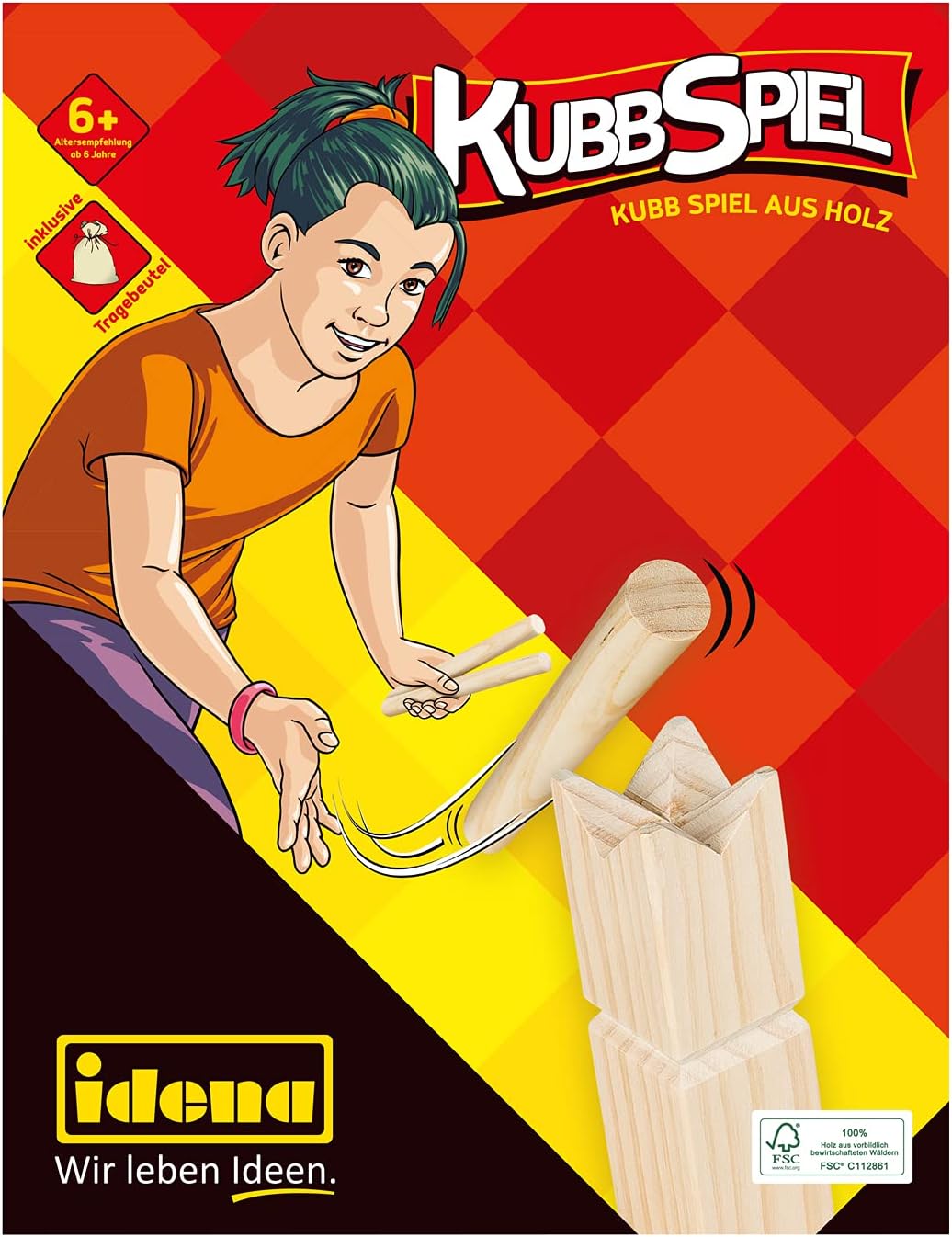 Idena 40175 - Kubb Spiel mit 10 Kubbs, 6 Wurfhölzern, König und 4 Eckstäben, inklusive Transport- un