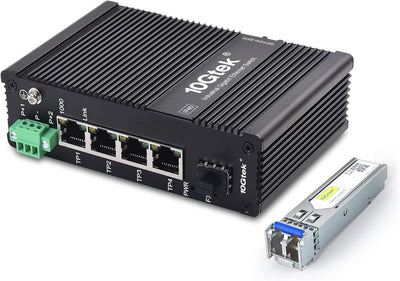 10Gtek 5-Port Industrial DIN-Rail Ethernet Switch Hutschiene, IP40, 1x Gigabit SFP Slot mit 20-km SF