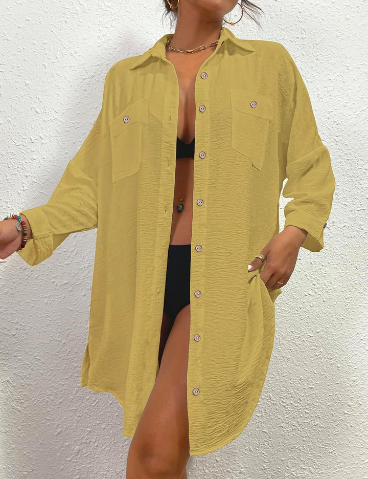 Bsubseach Badeanzug Coverup für Frauen Badeanzug Cover Up Button Down Shirt Kleider Swiss Dot Gelb S