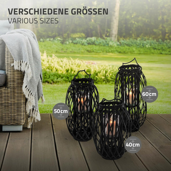 ECD Germany Laterne Ried 40xØ26 cm mit Henkel, Schwarz, Seilfaser, Flechtoptik, Rattan Windlicht mit