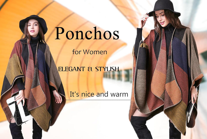 Shmily Girl - Damen Poncho Habe Gestrickt Überdimensionalen Decke Kap-Schal Plaid / Kakhi, Plaid / K