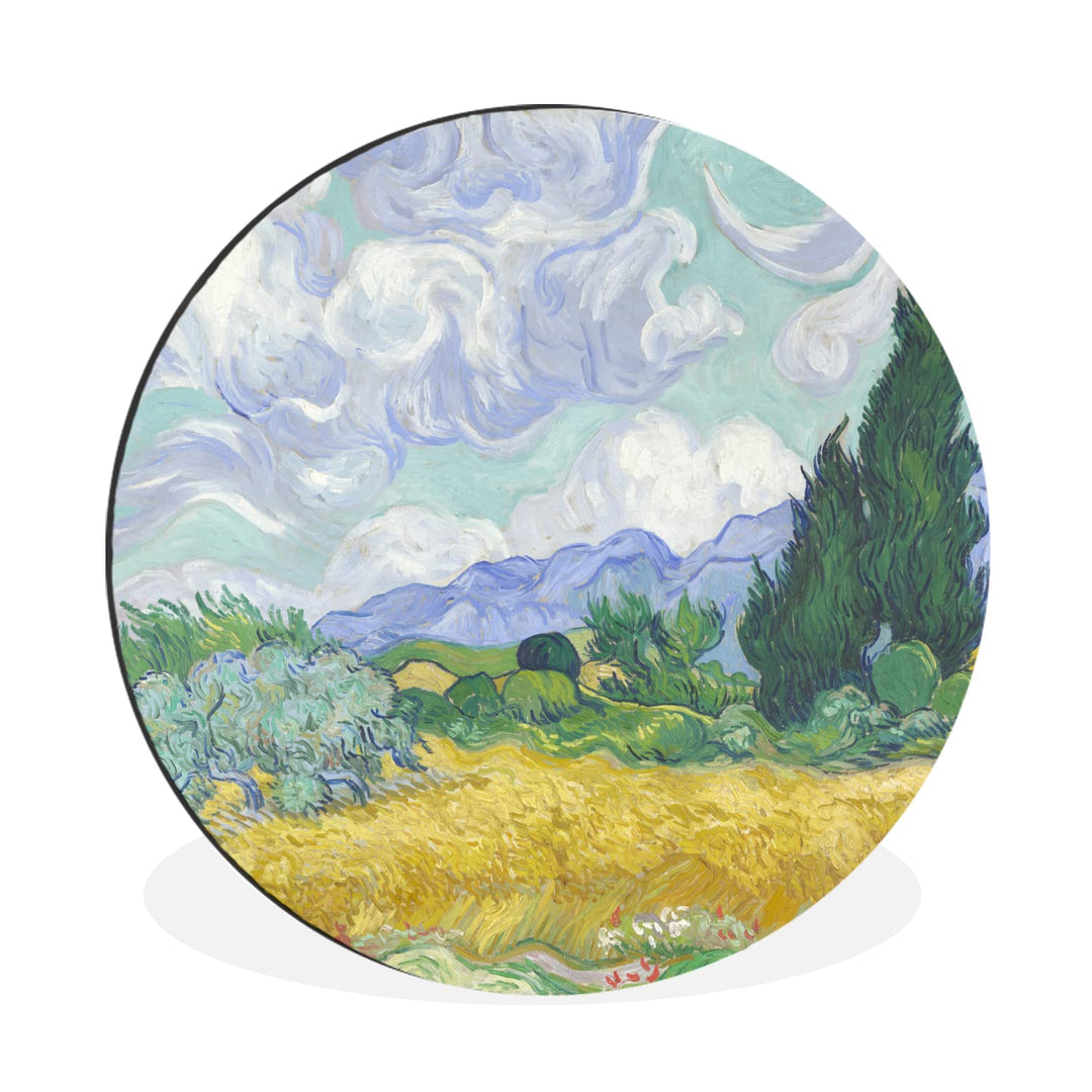MuchoWow Wandbild Rund Wanddeko Deko Wohnzimmer Bilder 30x30 cm Weizenfeld mit Zypressen - Vincent v